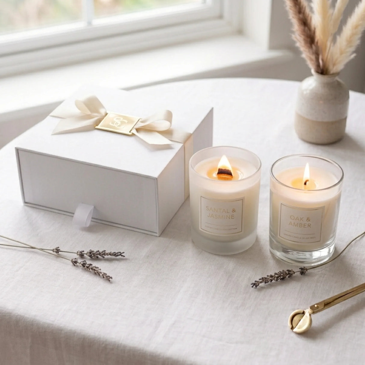Two lit scented candles in clear glass jars beside a white gift box with a cream ribbon and gold tag, styled on a white tablecloth near a window with dried grass and lavender sprigs.