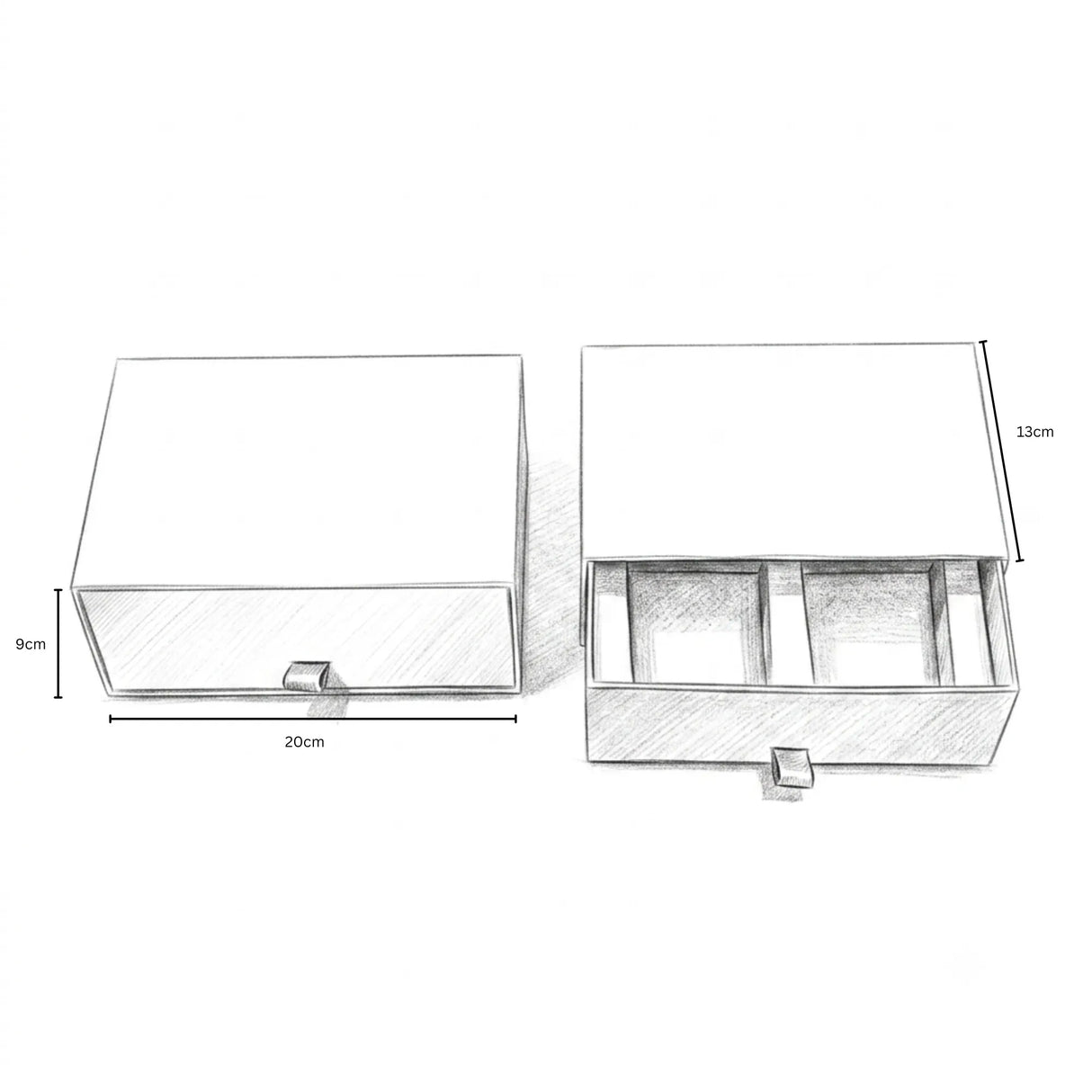 Pencil sketch of a candle gift box showing dimensions of the product.
