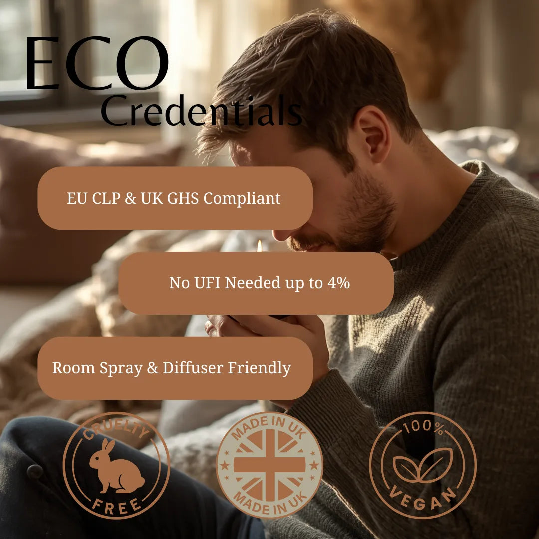 A man in a gray knit sweater sits in a softly lit indoor setting, with large text reading 'ECO Credentials' and feature callouts including 'EU CLP & UK GHS Compliant', 'No UFI Needed up to 4%', 'Room Spray & Diffuser Friendly', and three circular badges for 'Cruelty Free', 'Made in UK', and '100% Vegan'.