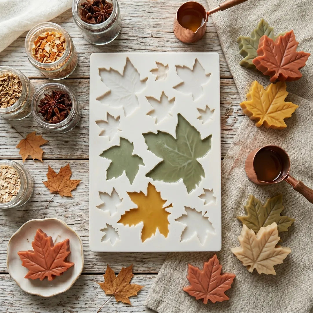 Maple leaf silicone mould with autumn-themed wax melts on a rustic wooden surface.