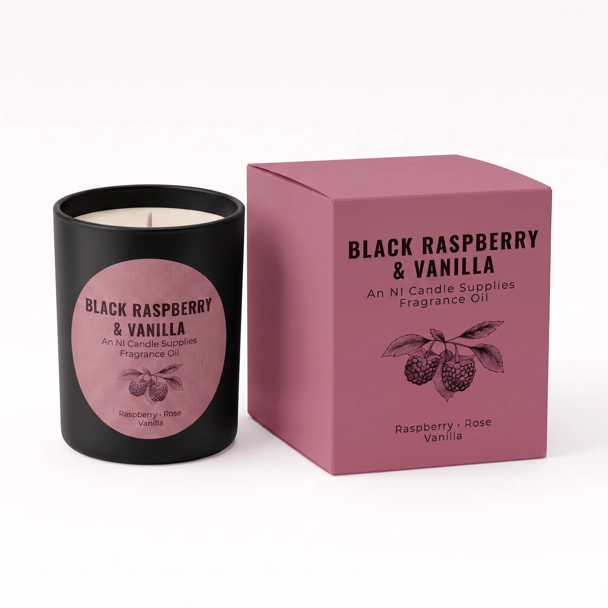 A black candle jar with a pink circular label next to its matching pink box, labeled 'Black Raspberry & Vanilla' by An Ni Candle Supplies, on a white background.