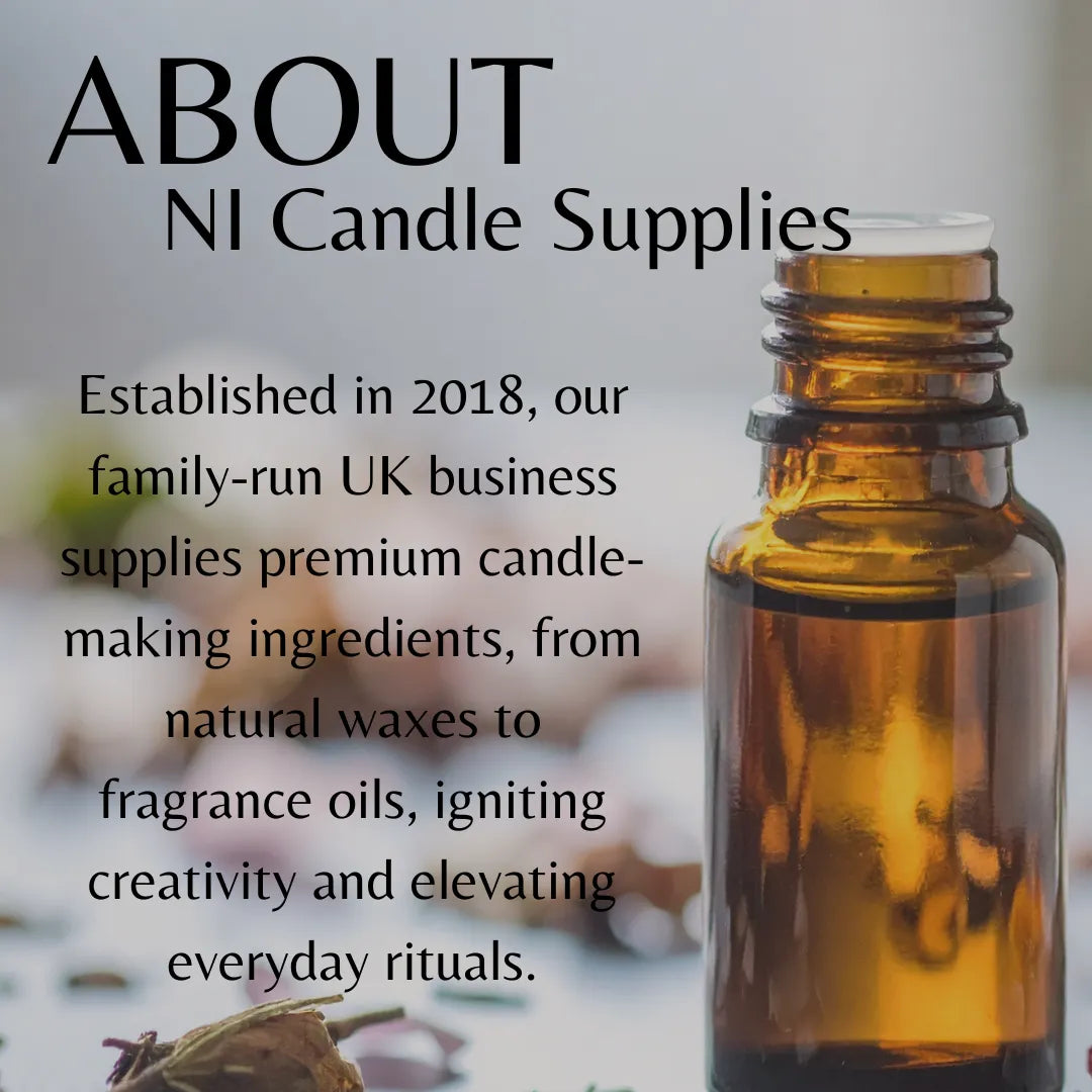 Brown bottle with a blurred background and text about NI Candle Supplies.