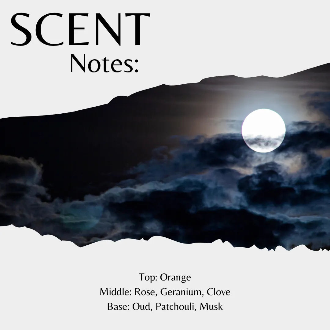 Scent Notes: fragrance profile graphic with a dark night sky, moon, and clouds over a black mountain silhouette. Text lists scent notes: Orange, Rose, Geranium, Clove, Oud, Patchouli, Musk.