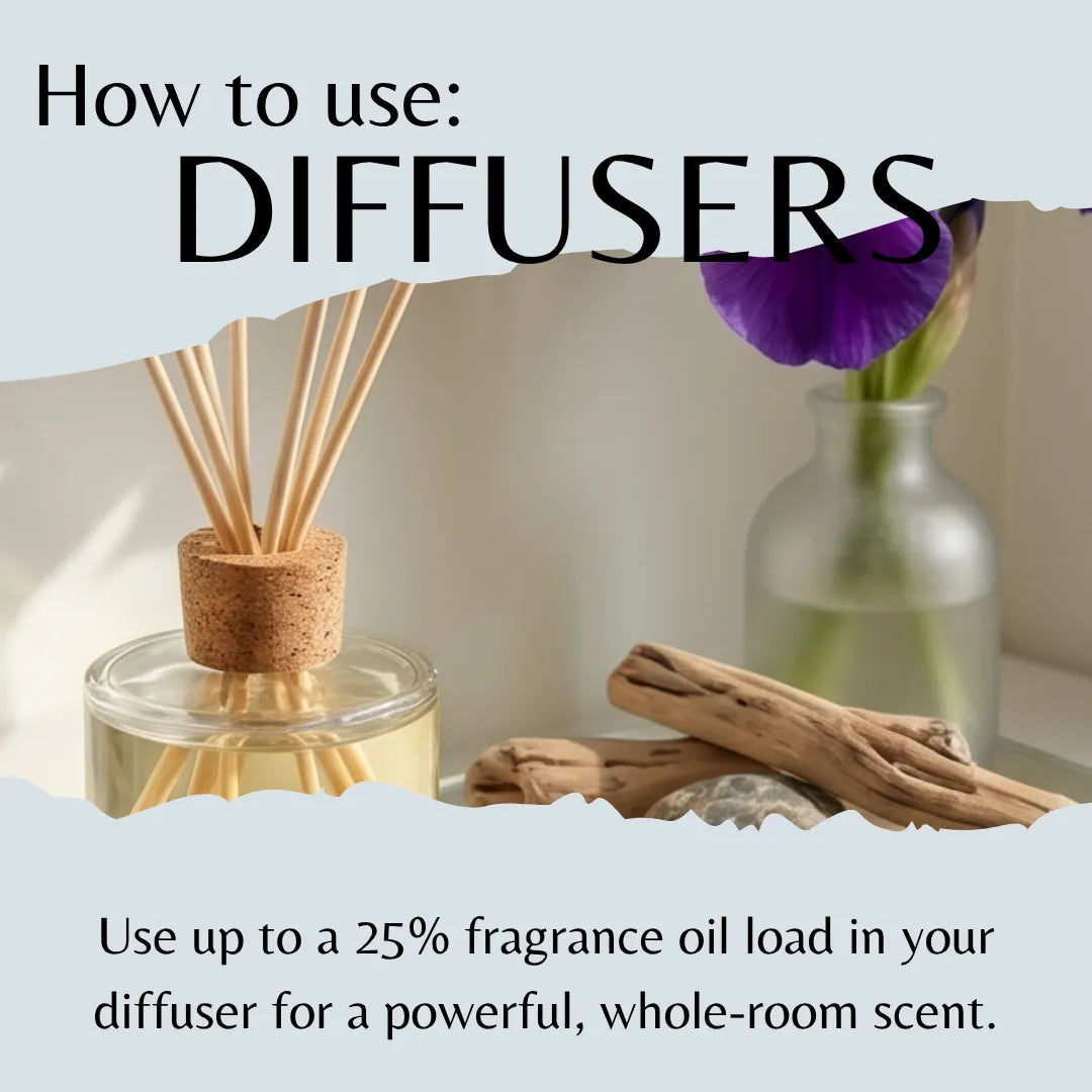 Diffuser with wooden sticks and a purple flower, with text on how to use diffusers.