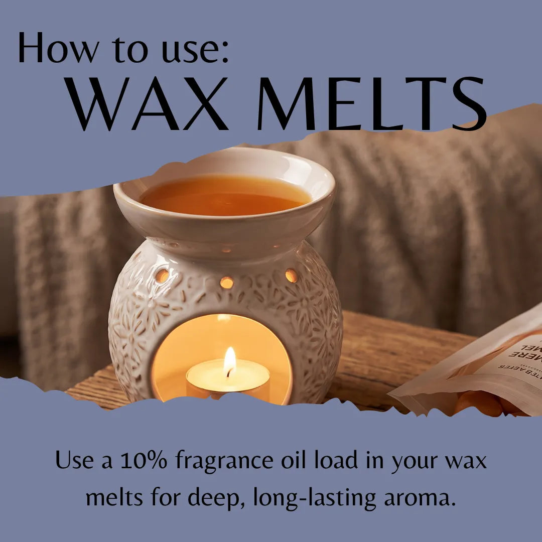 Instructional graphic titled 'How to use: WAX MELTS' showing a white ceramic wax warmer with a lit candle inside, filled with amber-colored fragrance oil, on a wooden surface with a soft blanket in the background.