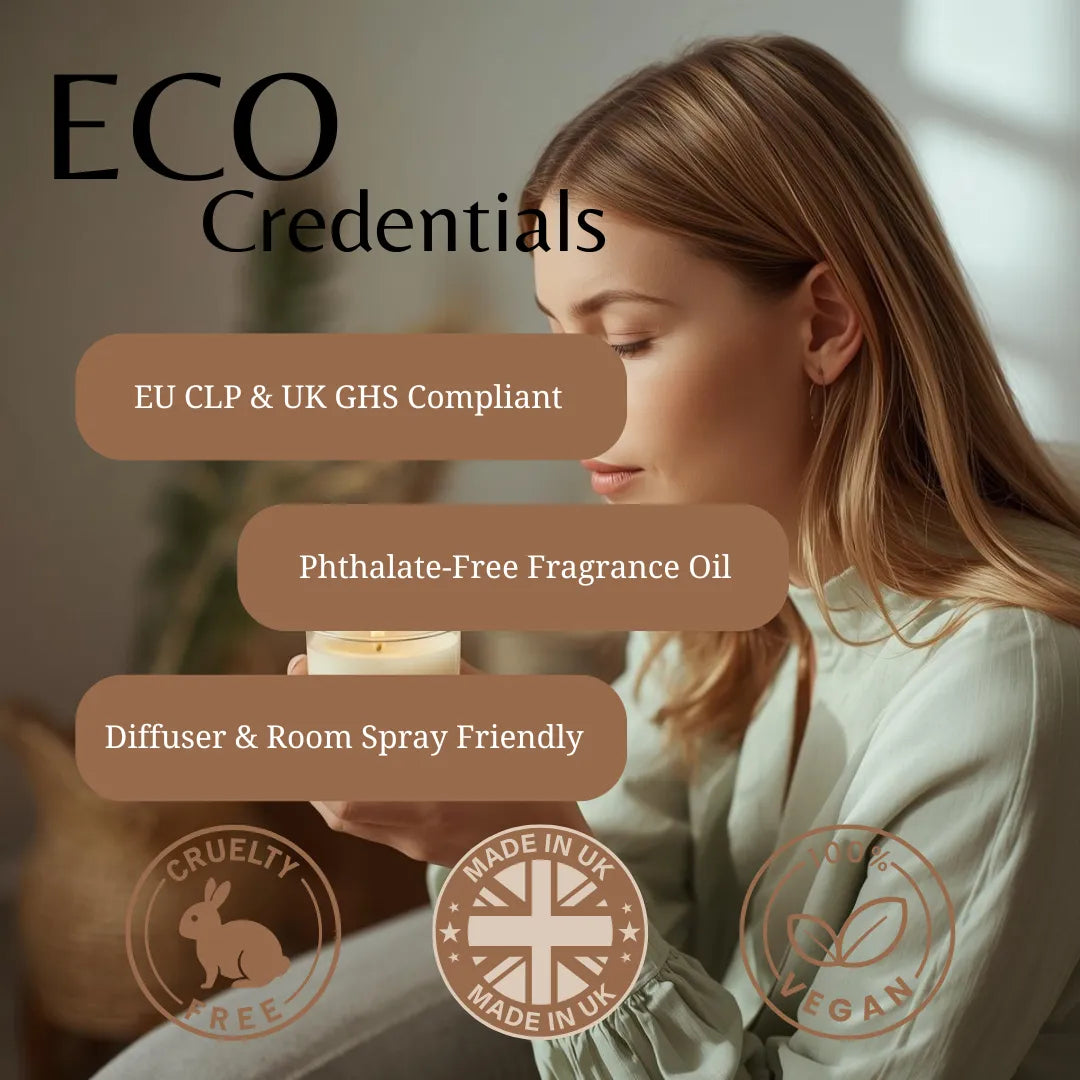 Woman holding a candle with eco-friendly product features displayed on screen
