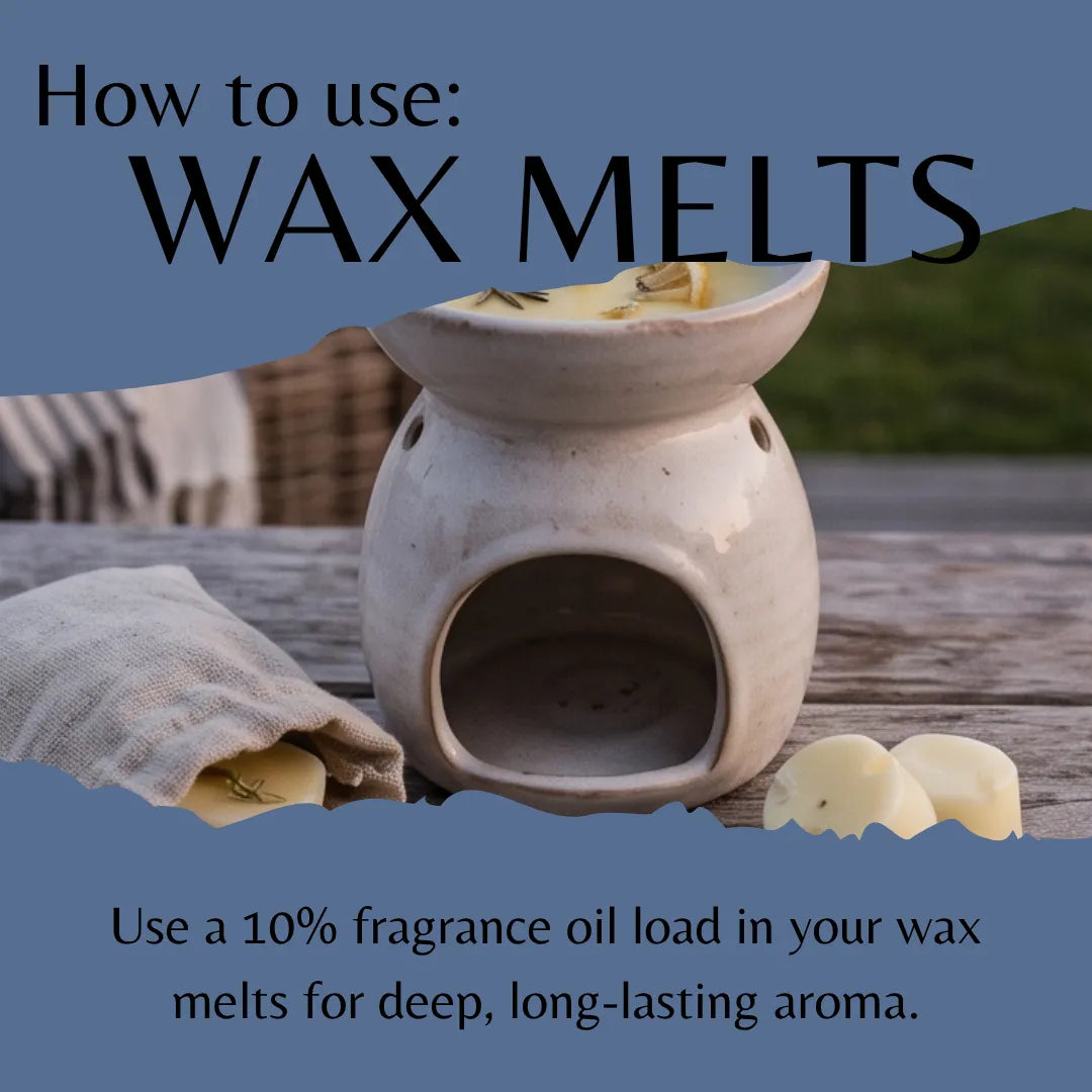 Instructional graphic titled 'How to use: WAX MELTS' showing a small ceramic wax warmer with fragrance oil, a cloth bag of wax melts, and two wax melts on a wooden surface, with text explaining fragrance oil load usage.