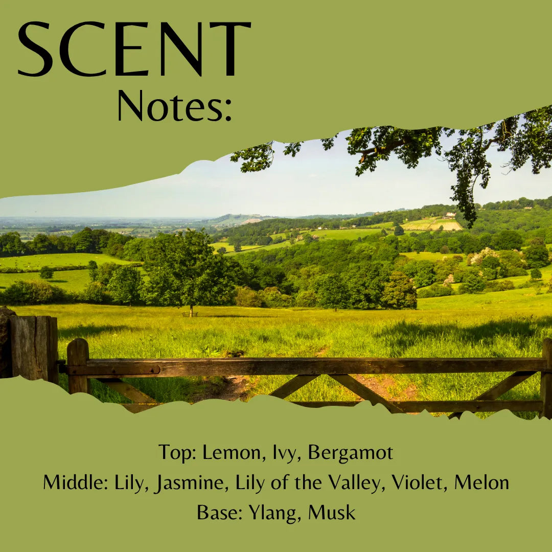 Scenic view of a green field with trees and mountains, overlaid with text about 'Scent Notes' on a green background.
