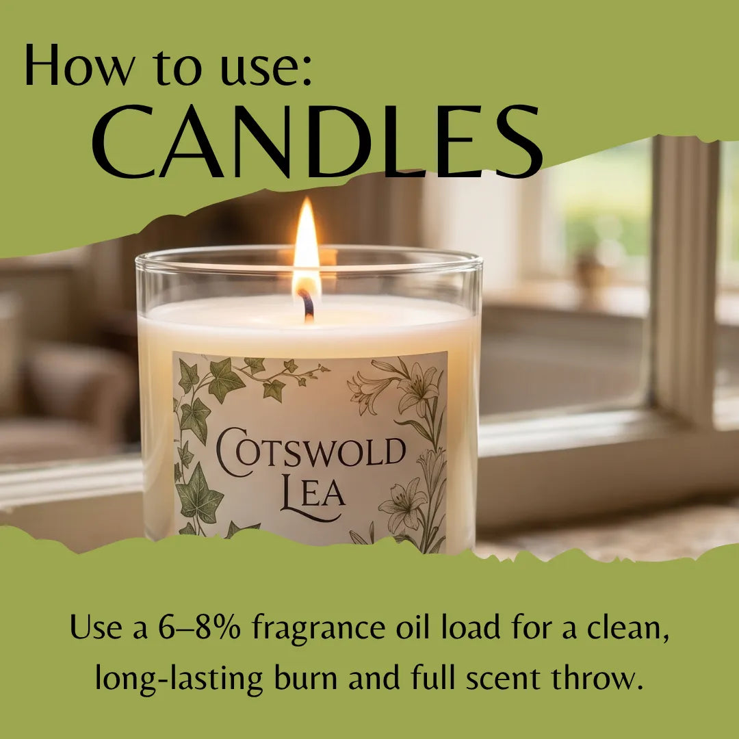Candle with 'Cotswold Lea' label on a green background with text on how to use candles.