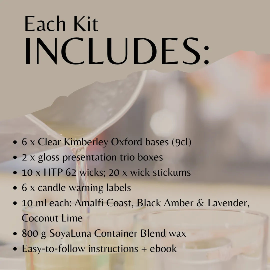Product kit list with candle-making supplies on a blurred background