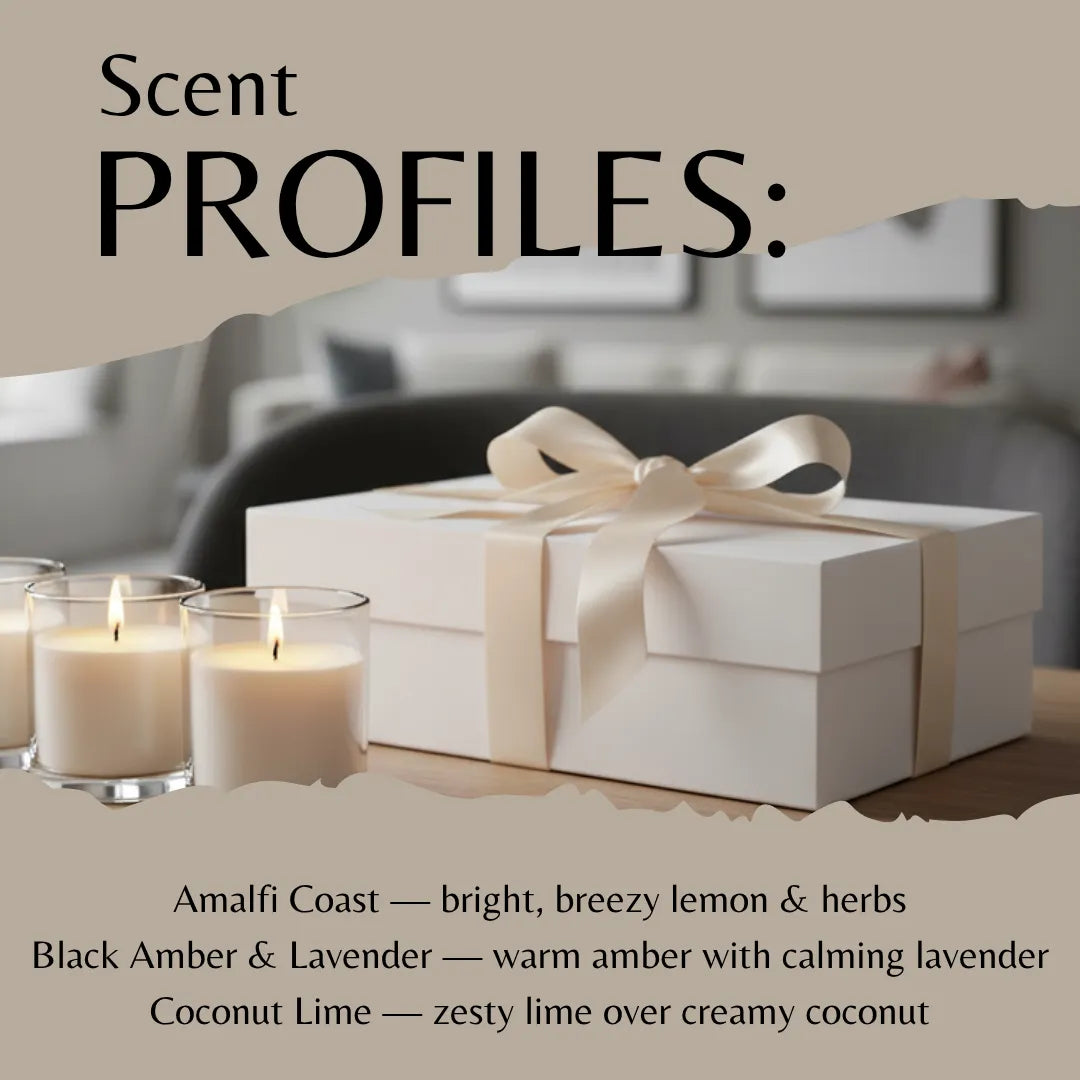 White gift box with a ribbon on a table with lit candles, featuring 'Scent Profiles' text.