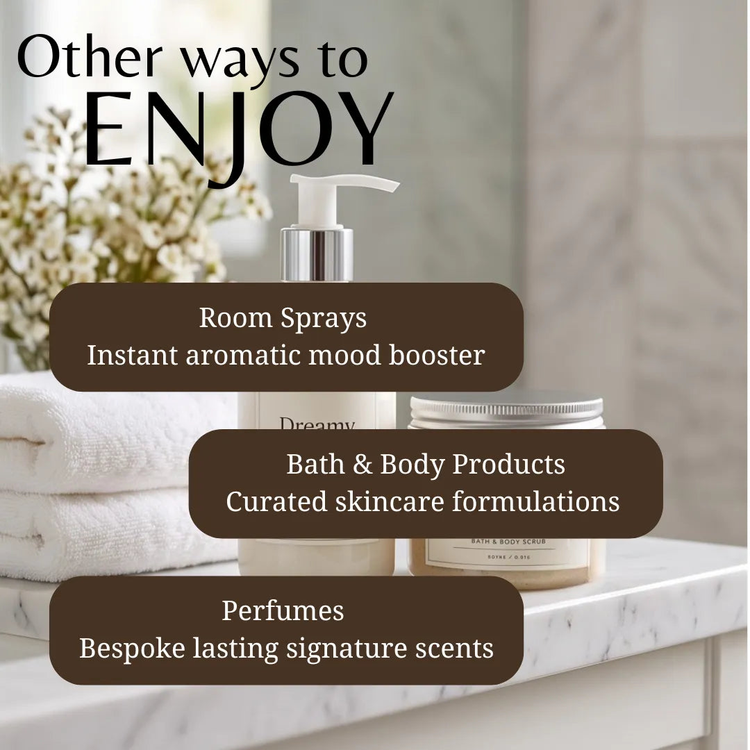 Promotional graphic showing bathroom-themed products including a pump bottle, a jar, and folded towels with overlaid text reading 'Other ways to ENJOY' and bullet points for room sprays, bath & body products, and perfumes.