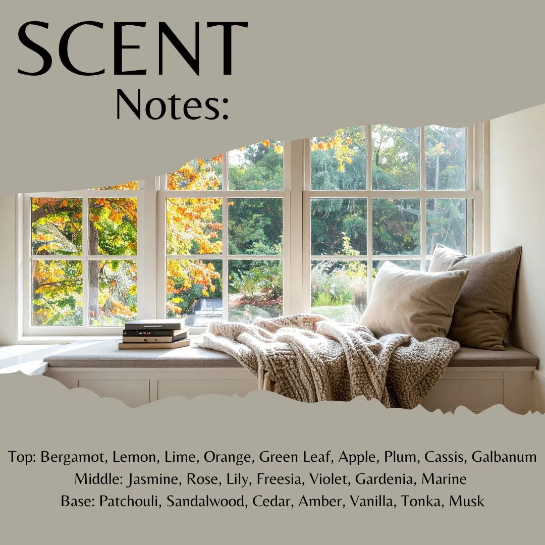 A fragrance notes graphic titled 'SCENT Notes:' showing a cozy window seat with pillows and a knitted throw in front of autumn trees, with scent notes listed at the bottom.