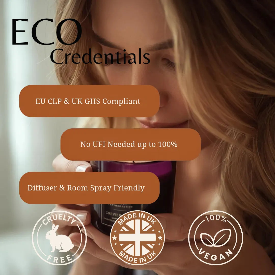 Promotional graphic for ECO Credentials featuring a woman holding a dark room diffuser jar, with text callouts about EU CLP & UK GHS compliance, no UFI needed up to 100%, diffuser and room spray friendliness, cruelty free, made in UK, and 100% vegan badges.