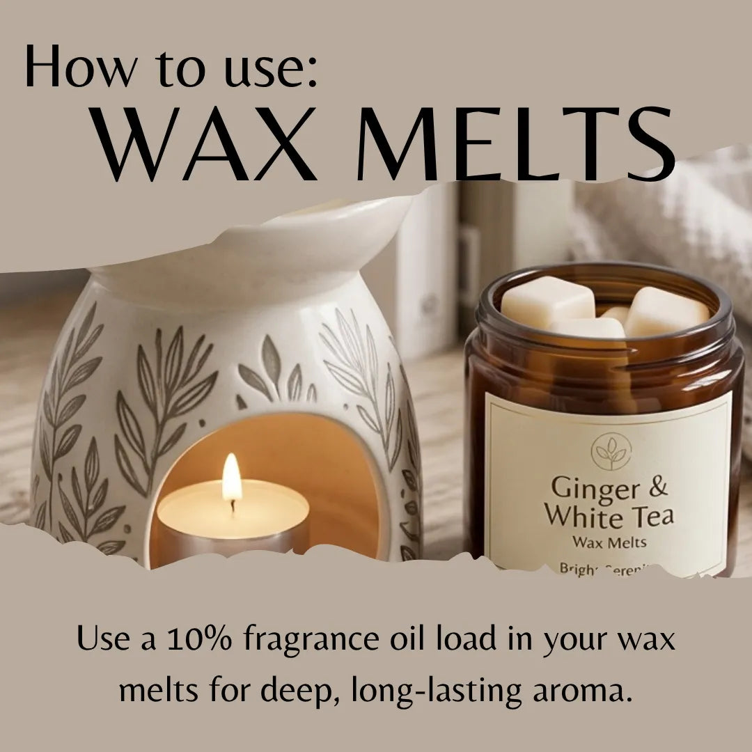 Instructional graphic titled 'How to use: WAX MELTS' showing a white ceramic diffuser with a lit candle inside and an amber glass jar labeled 'Ginger & White Tea' wax melts. Text explains using fragrance oil in the wax melts for deep, long-lasting aroma.