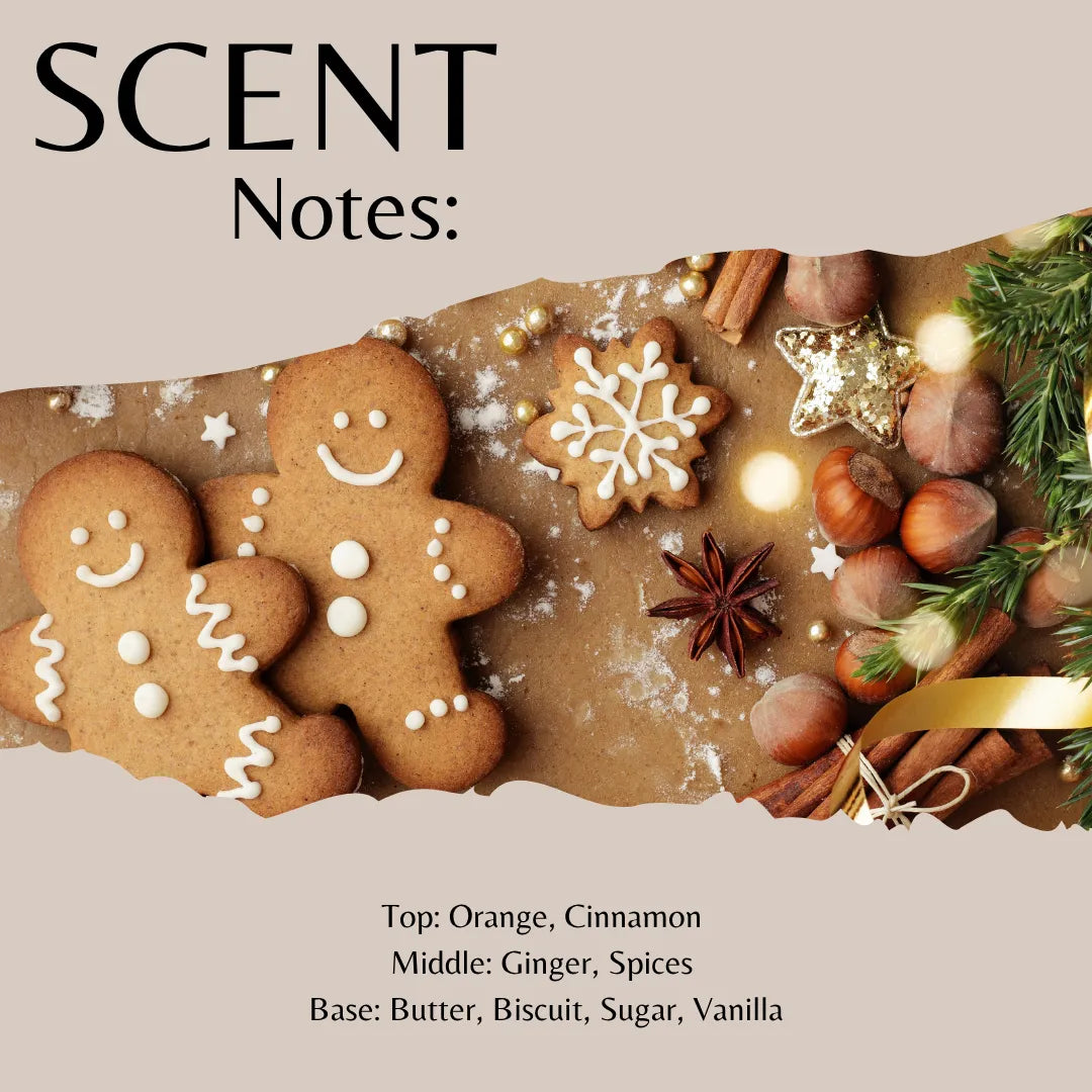 A holiday-themed scent notes graphic with gingerbread cookies, spices, nuts, and evergreen branches on a beige background. Large text reads 'SCENT Notes:' and smaller text lists fragrance notes: Orange, Cinnamon, Ginger, Spices, Butter, Biscuit, Sugar, and Vanilla.