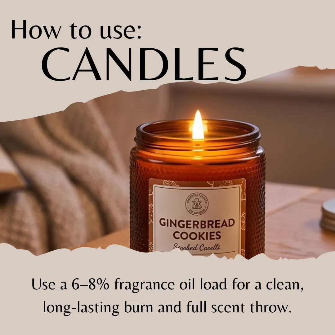 A lit amber glass candle jar labeled 'Gingerbread Cookies' with text reading 'How to use: CANDLES' and usage instructions below, set against a warm beige background.