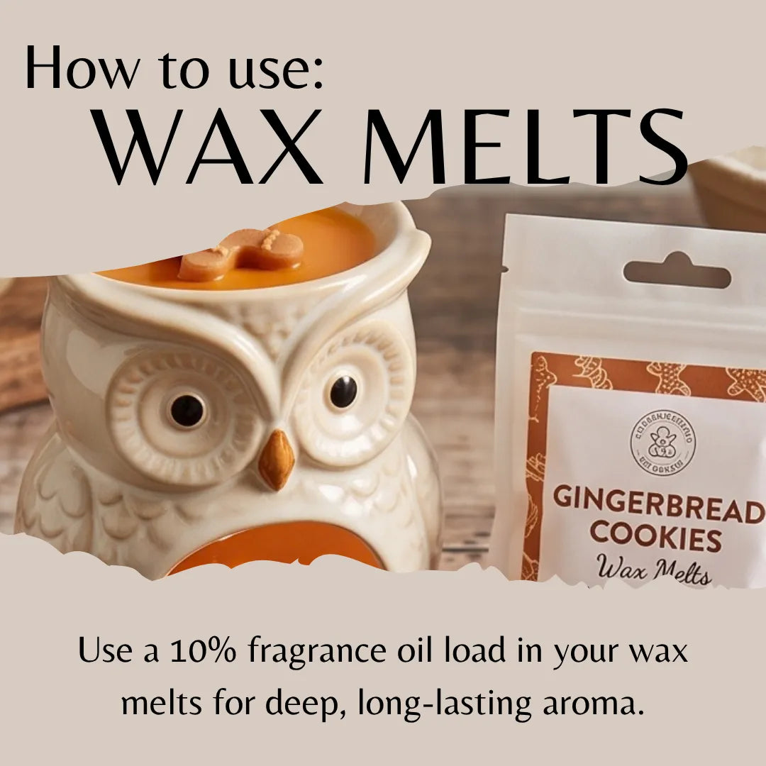 An instructional graphic titled 'How to use: WAX MELTS' shows a ceramic owl-shaped wax warmer filled with orange wax and a package labeled 'Gingerbread Cookies Wax Melts' on a rustic wooden surface.
