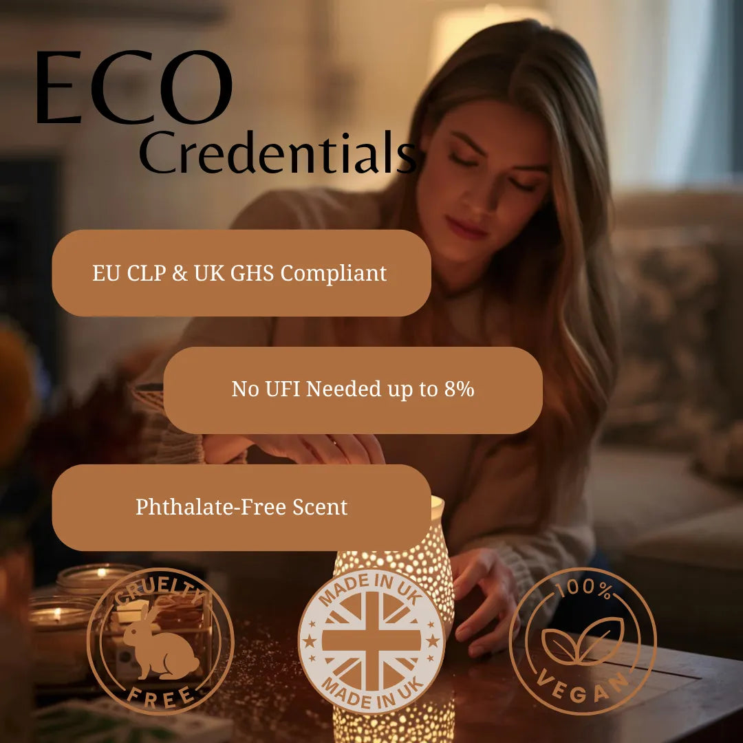 A woman in a warm indoor setting holds a glowing scented candle holder, with large text overlays reading 'ECO Credentials' and feature callouts including 'EU CLP & UK GHS Compliant', 'No UFI Needed up to 8%', 'Phthalate-Free Scent', and circular badges for cruelty-free, made in UK, and vegan.