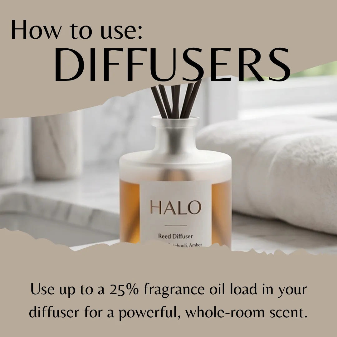 A reed diffuser bottle labeled HALO sits on a marble surface with rolled towels in the background. Large text at the top reads 'How to use: DIFFUSERS' and text at the bottom explains using up to 25% fragrance oil load in the diffuser for a whole-room scent.