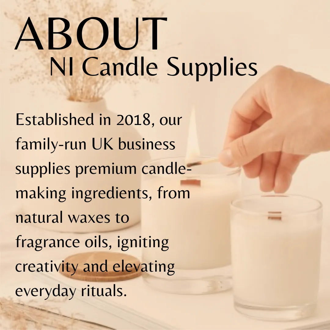 Promotional graphic for NI Candle Supplies featuring a hand lighting a white candle with a wick, alongside a glass candle holder, with overlaid text about the business.