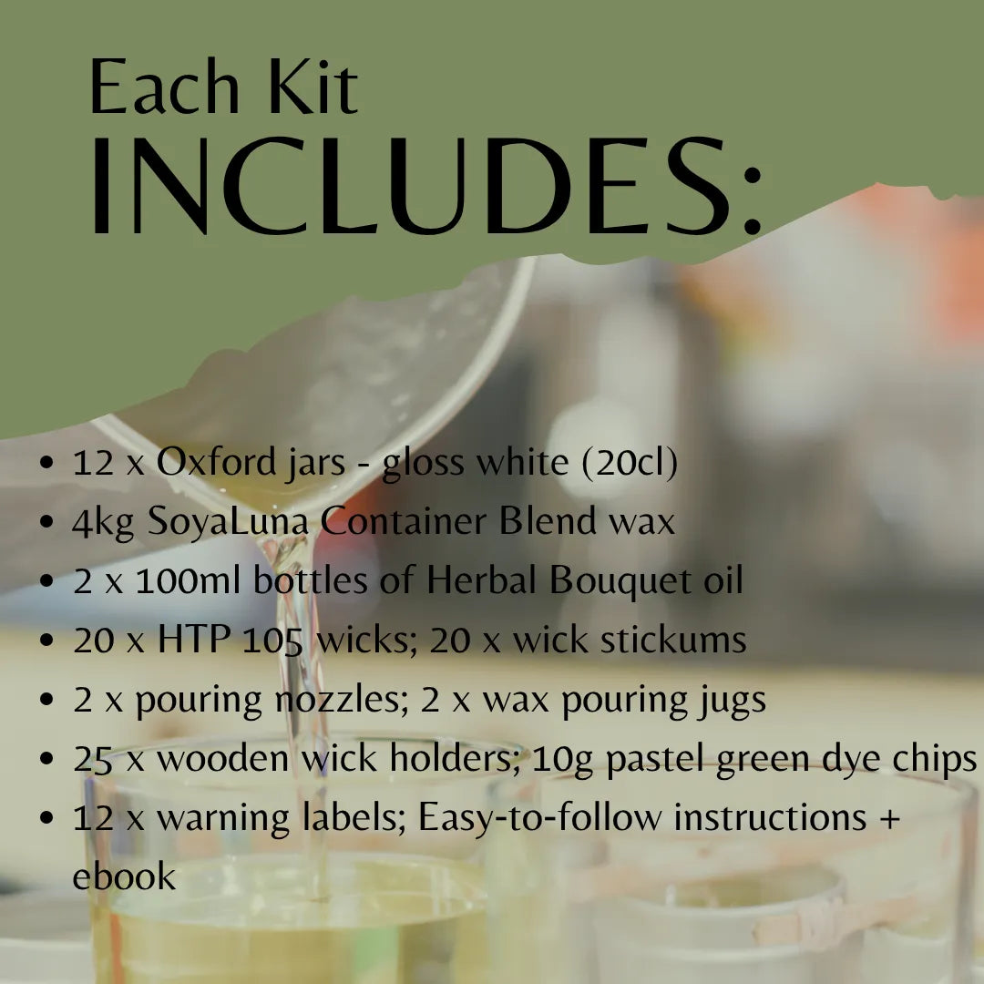 A product information graphic with a sage green header reading 'Each Kit INCLUDES:' and a list of included items such as 12 Oxford jars, 4kg SoyaLuna wax blend, 2 x 100ml bottles of Herbal Bouquet oil, wicks, pouring nozzles, wooden wick holders, and labels. The background is a softly blurred photo of wax melting and oil bottles.