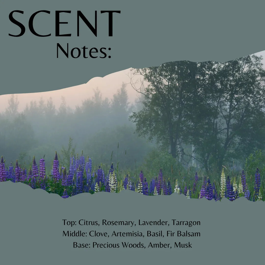 Scent Notes: album cover art featuring a misty forest with purple and white lupines in the foreground, with text listing fragrance notes.