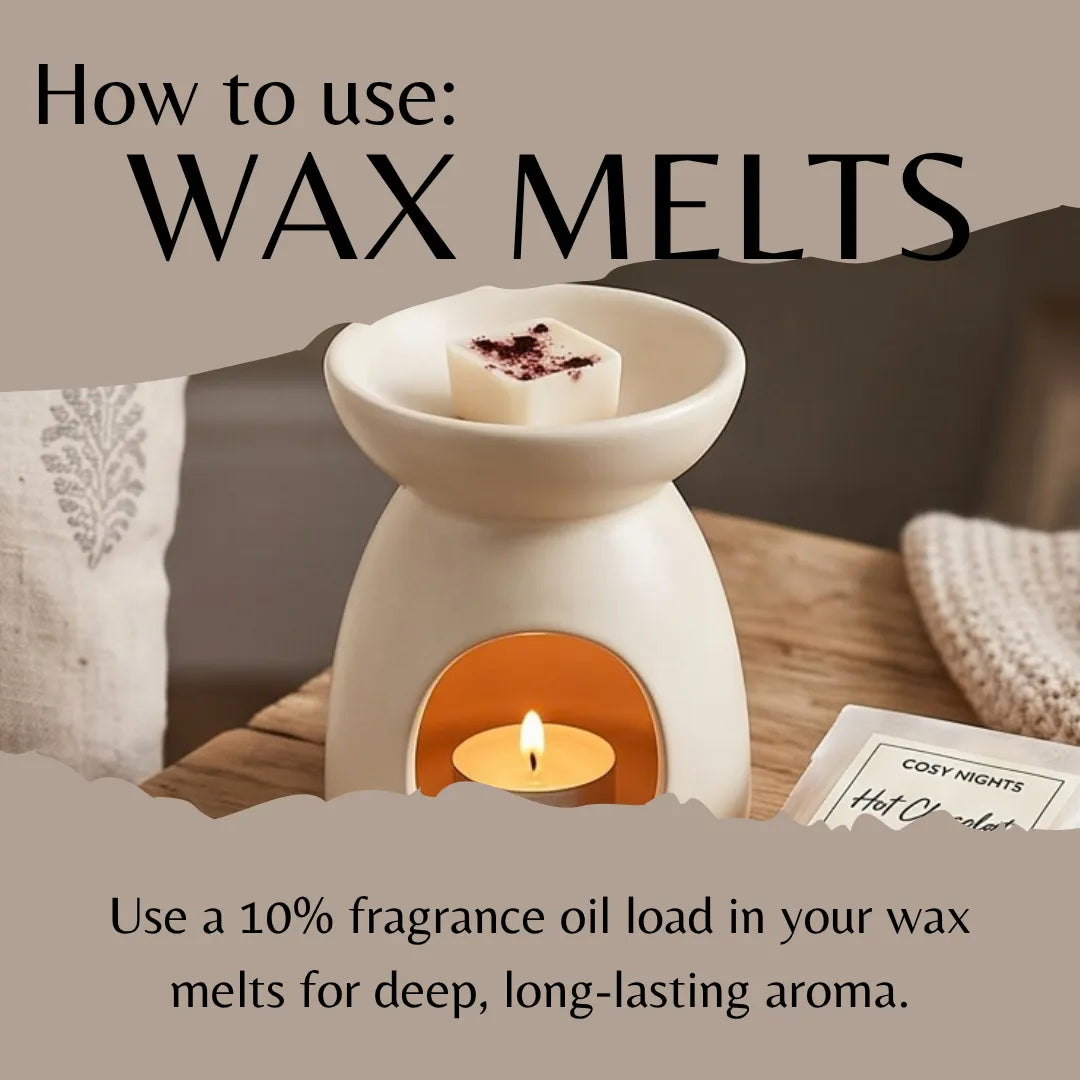 A ceramic wax warmer with a lit tea light candle inside, shown with a wax melt on top. Large text at the top reads 'How to use: WAX MELTS' and smaller text at the bottom explains using fragrance oil loads for deep aroma.