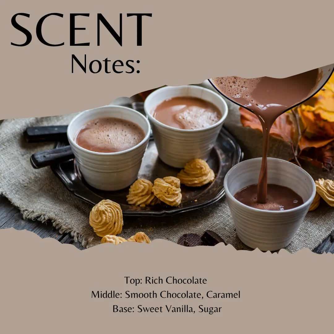 Scent notes graphic for a chocolate-flavored product, showing three cups of rich chocolate drink with one pouring into another, alongside cookies and autumn leaves. Text reads 'SCENT Notes:' and lists top, middle, and base notes.