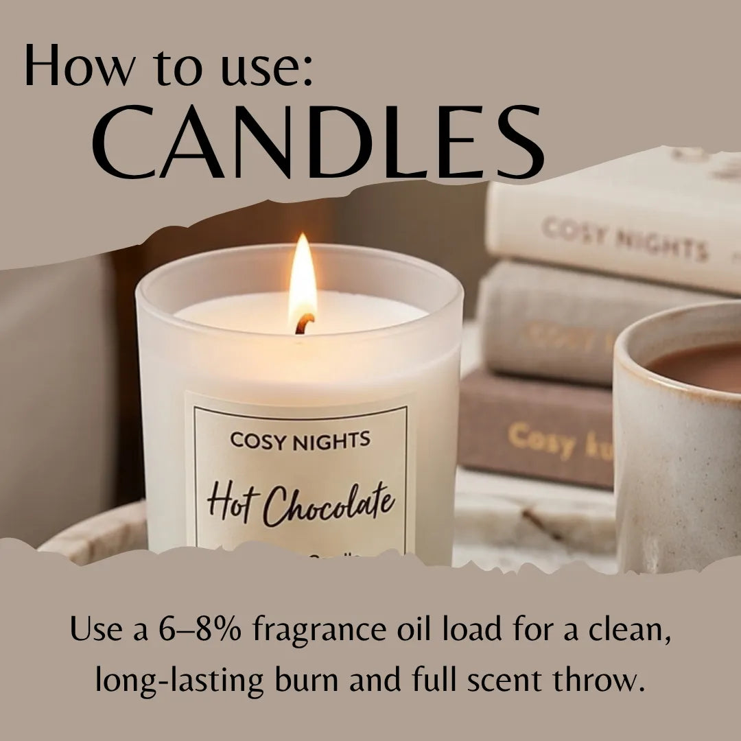 Instructional graphic titled 'How to use: CANDLES' showing a lit COSY NIGHTS Hot Chocolate candle in a glass jar, with stacked books and a mug in the background and text explaining fragrance oil load for a clean burn.