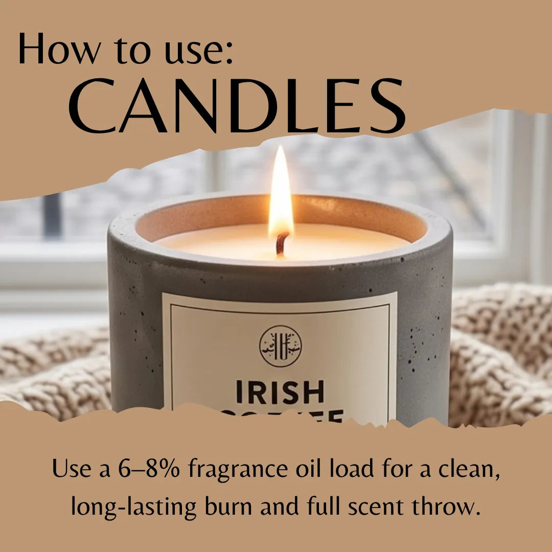 A lit candle in a gray speckled container with a cream label reading 'IRISH SPICED,' overlaid with a tan instructional graphic that says 'How to use: CANDLES' and additional usage text about fragrance oil load.
