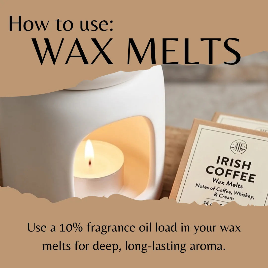 Instructional graphic titled 'How to use: WAX MELTS' showing a white ceramic wax warmer with a lit tealight candle inside, plus a product box labeled 'Irish Coffee Wax Melts' and text about fragrance oil load.
