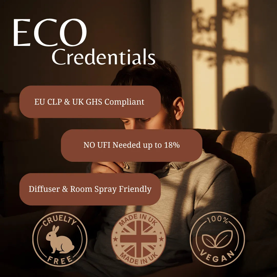 Promotional graphic for an ECO Credentials room diffuser and room spray set, featuring a man sitting in a dimly lit room with warm sunlight streaming in. The graphic includes text badges stating 'EU CLP & UK GHS Compliant', 'NO UFI Needed up to 18%', 'Diffuser & Room Spray Friendly', and three certification-style icons for Cruelty Free, Made in UK, and 100% Vegan.