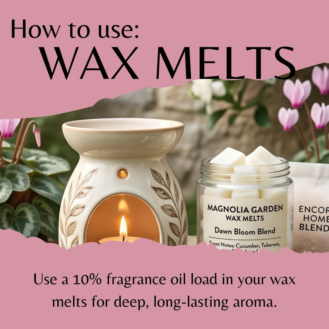 A pink and white instructional graphic titled 'How to use: WAX MELTS' showing a ceramic wax warmer with a lit candle, a jar labeled 'Magnolia Garden Wax Melts Dawn Bloom Blend,' and part of another jar. Text explains loading wax melts with fragrance oil.