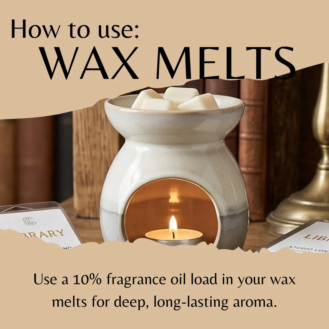 A ceramic wax warmer with a lit tea light candle inside, topped with white wax melts, shown with text reading 'How to use: WAX MELTS' and instructions about fragrance oil loads. The scene is styled with books and a lamp in the background.