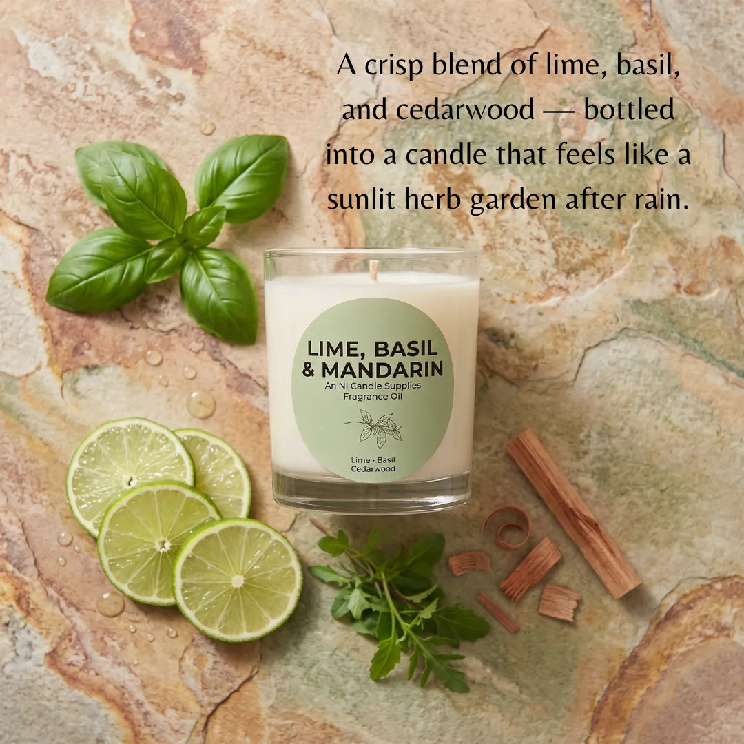 A clear glass jar candle with white wax sits on a mottled stone surface, surrounded by fresh lime slices, basil leaves, arnica berries, cinnamon sticks, and a text overlay describing the scent as lime, basil, and cedarwood.