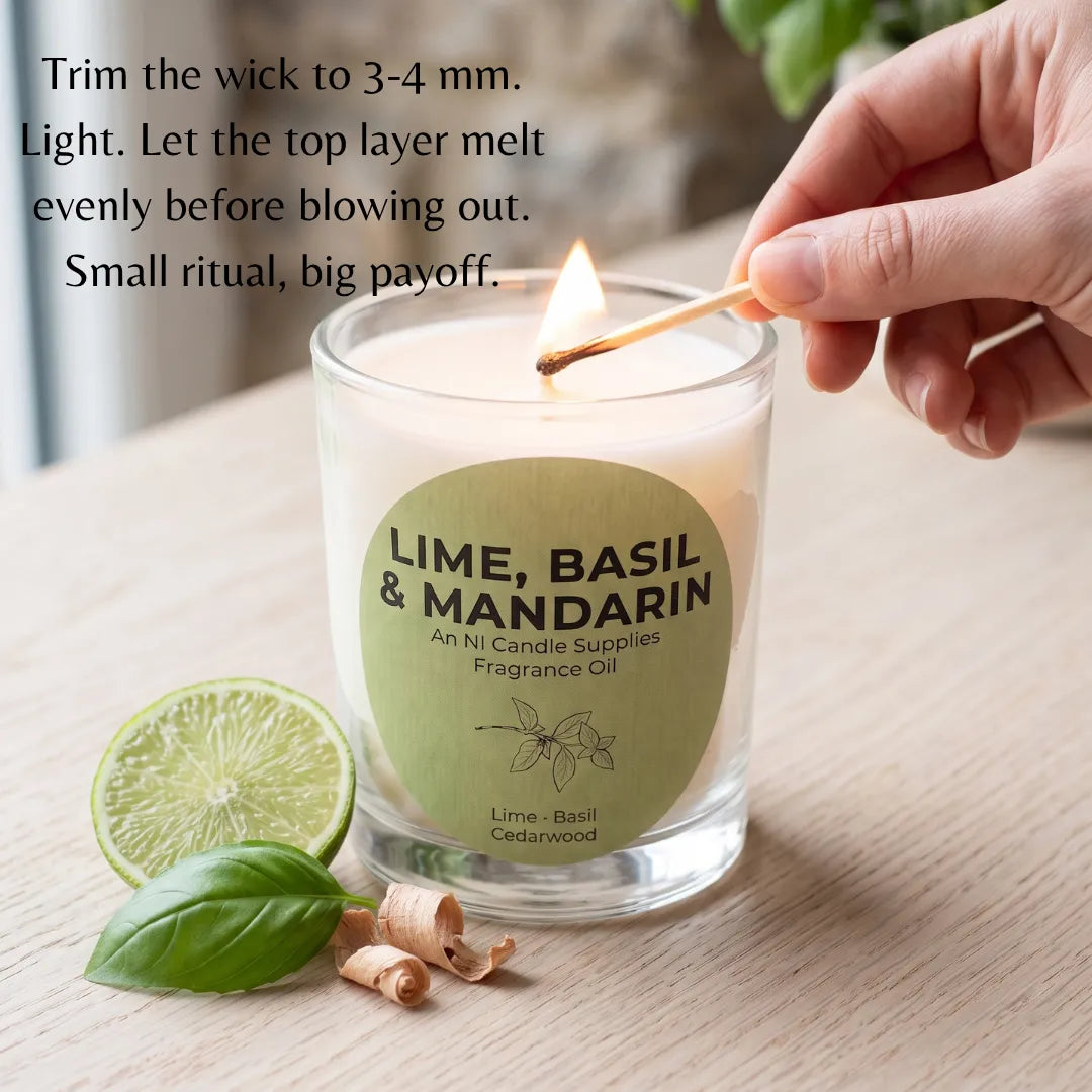 A lit scented candle in a clear glass jar sits on a light wood surface with a hand holding a match above the flame. A green circular label reads 'LIME, BASIL & MANDARIN' and 'An Ni Candle Supplies Fragrance Oil.