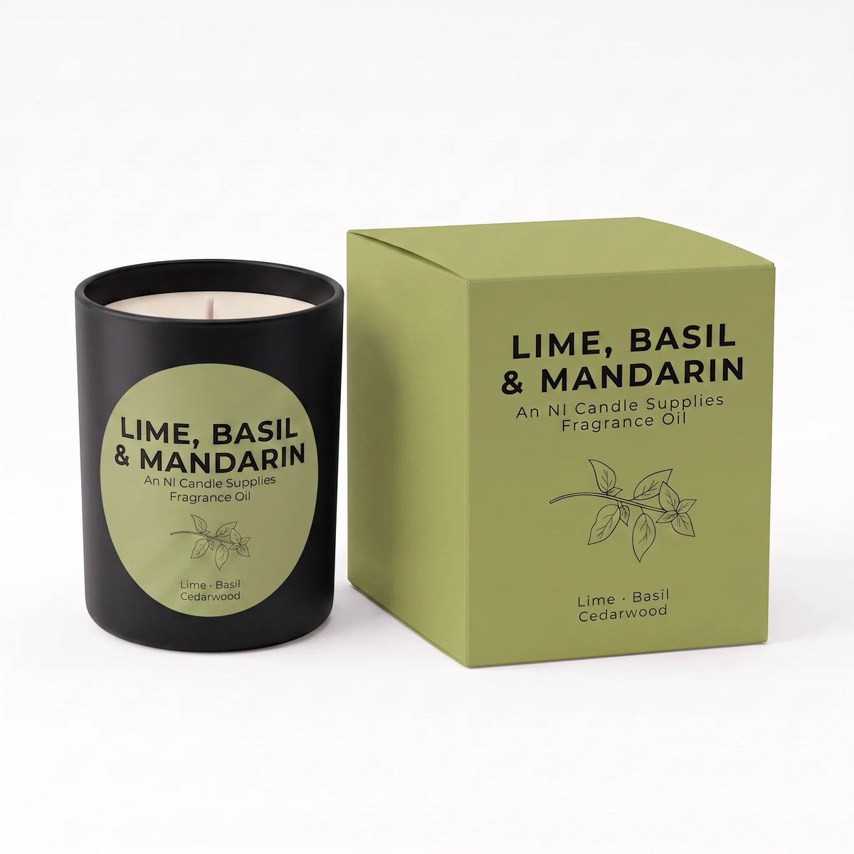 A black glass candle jar with a light olive-green circular label next to its matching light olive-green cardboard box, both printed with the text 'LIME, BASIL & MANDARIN' and 'An NI Candle Supplies Fragrance Oil'.