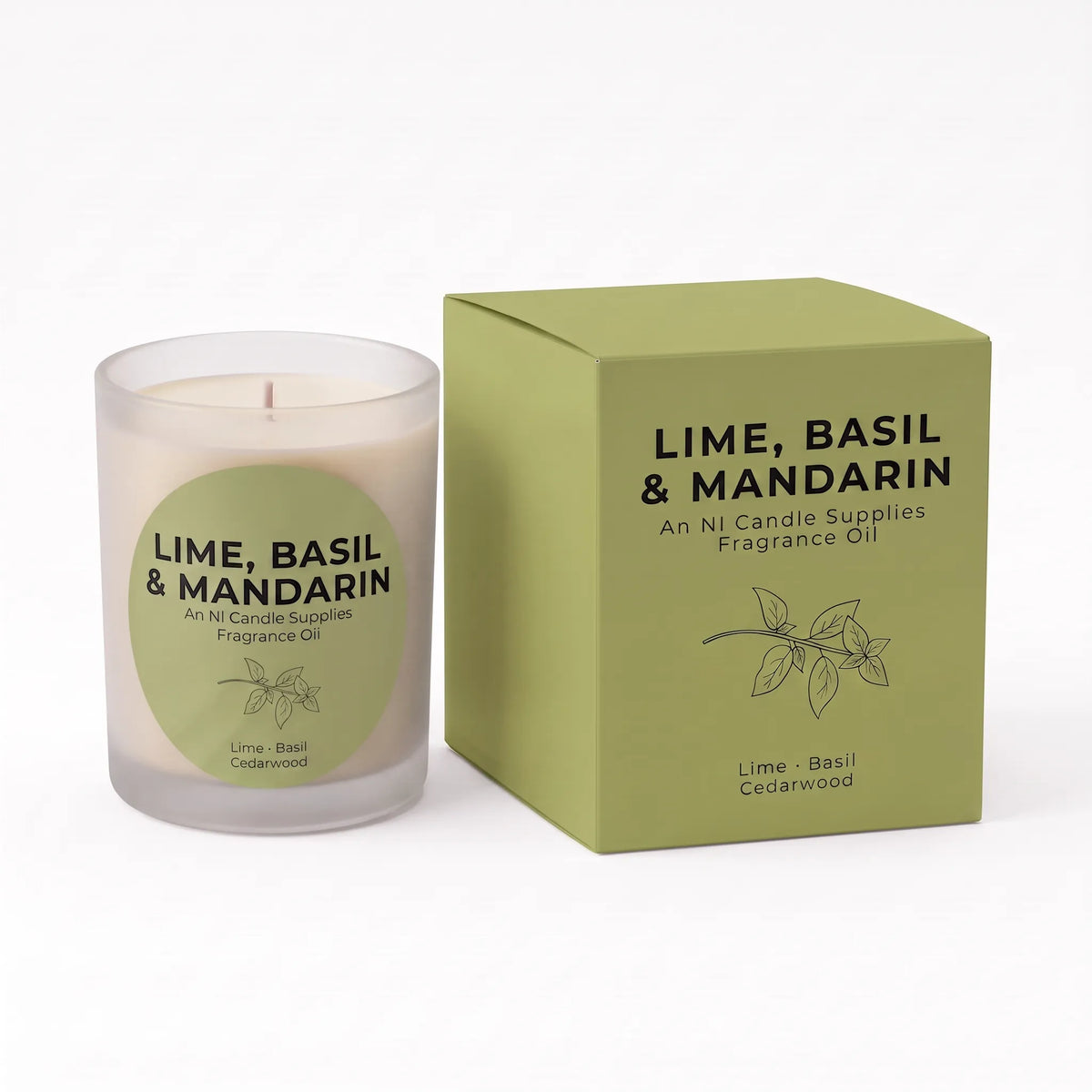 A litless fragrance oil candle in a frosted glass jar next to its olive green packaging box, labeled 'LIME, BASIL & MANDARIN' by Ni Candle Supplies.