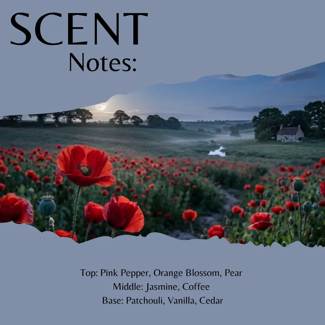 Scent Notes: fragrance label or packaging artwork showing a misty mountain landscape with red poppy flowers in the foreground, large black text reading 'SCENT Notes:' at the top, and scent notes listed at the bottom.