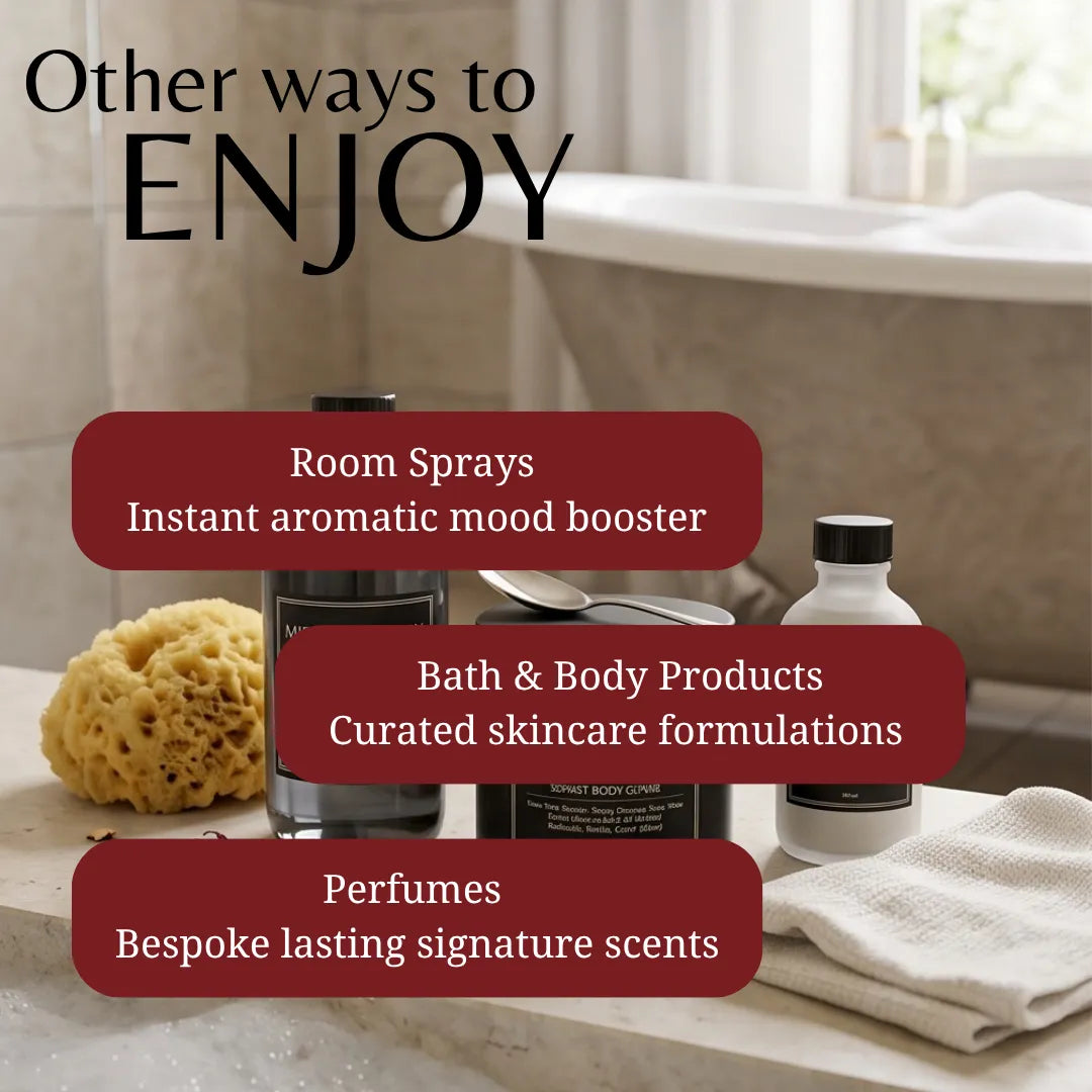 Promotional graphic for a bath and body product collection, featuring room sprays, bath & body products, and perfumes arranged on a bathroom counter with a sponge and towel. Large text reads 'Other ways to ENJOY' with callout labels for each category.