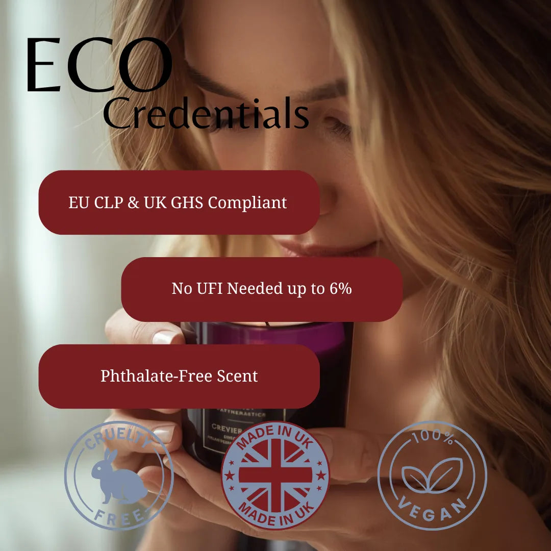 A woman holds a candle jar while promotional text overlays read 'ECO Credentials' with claims like 'EU CLP & UK GHS Compliant', 'No UFI Needed up to 6%', and 'Phthalate-Free Scent'. Four certification-style badges appear along the bottom: Cruelty Free, Made in UK, and 100% Vegan.