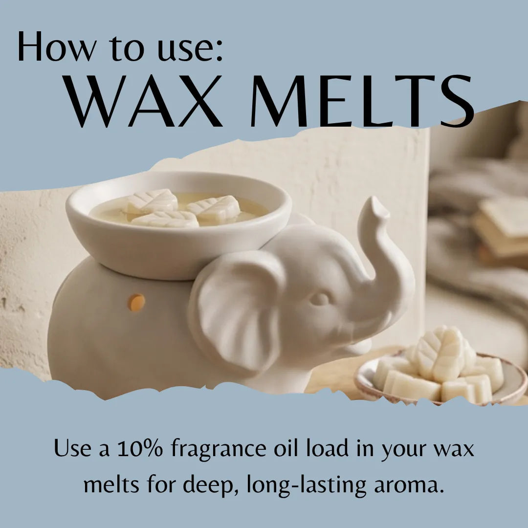 An instructional graphic titled 'How to use: WAX MELTS' shows a ceramic elephant-shaped wax warmer with a bowl of wax melts on top, plus text explaining fragrance oil loading. The product is photographed in a styled indoor setting with a soft beige background.
