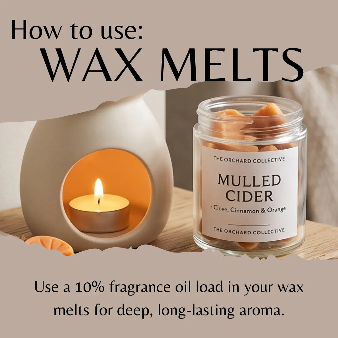 An instructional graphic titled 'How to use: WAX MELTS' shows a candle jar labeled 'MULLED CIDER' next to a lit candle holder with a candle, plus text explaining fragrance oil loading for deep aroma.