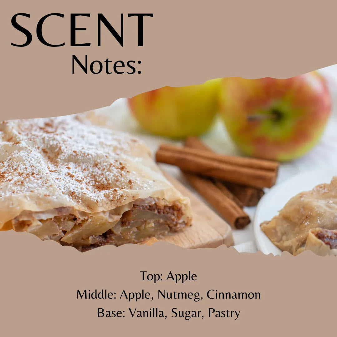 Apple pie with apples, cinnamon sticks, and a description of scent notes on a beige background.