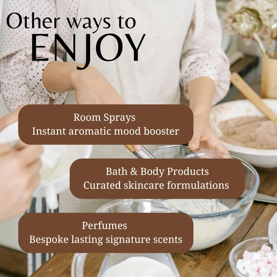 Person cooking with text overlay about room sprays, bath & body products, and perfumes.