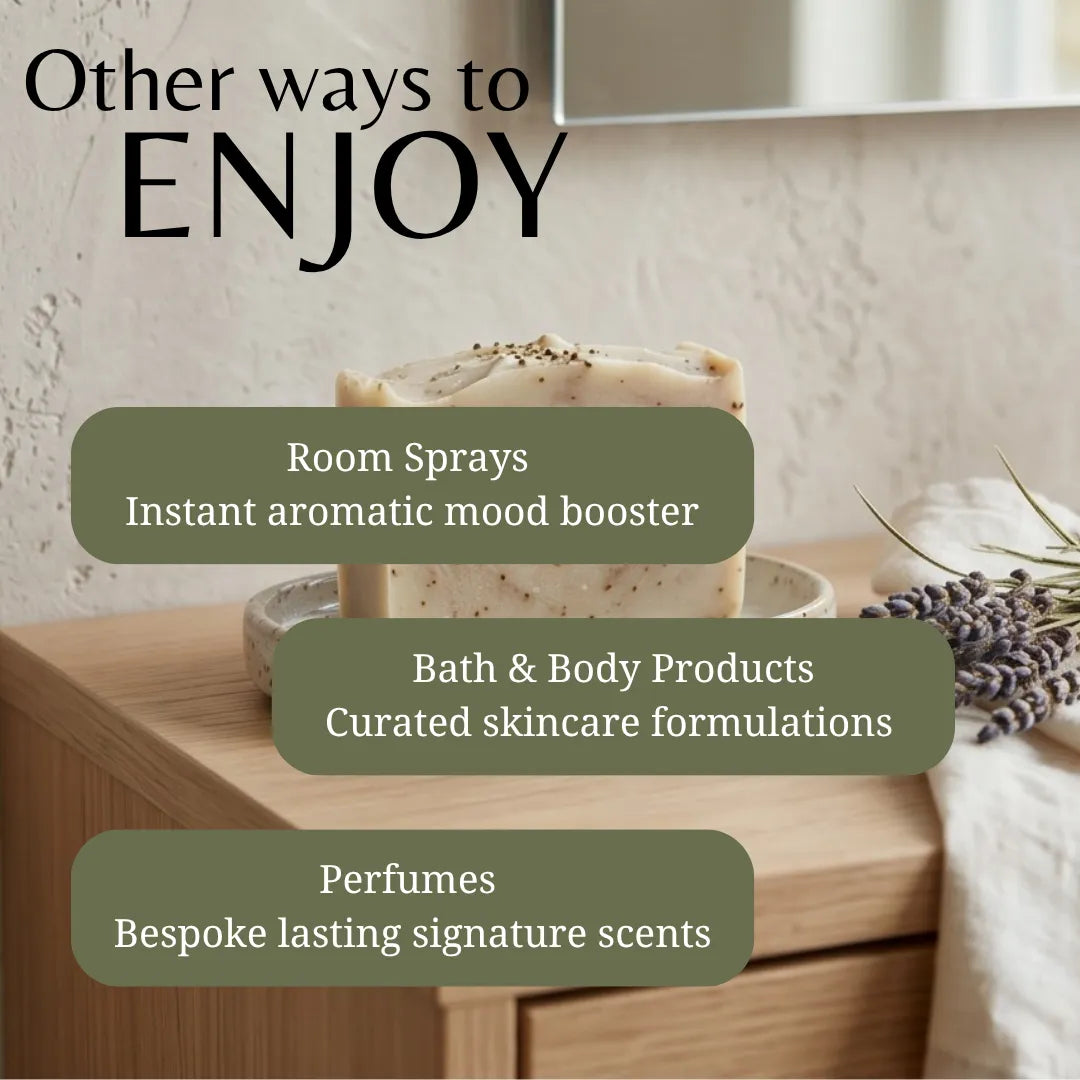 Product display with text about room sprays, bath & body products, and perfumes on a wooden surface.
