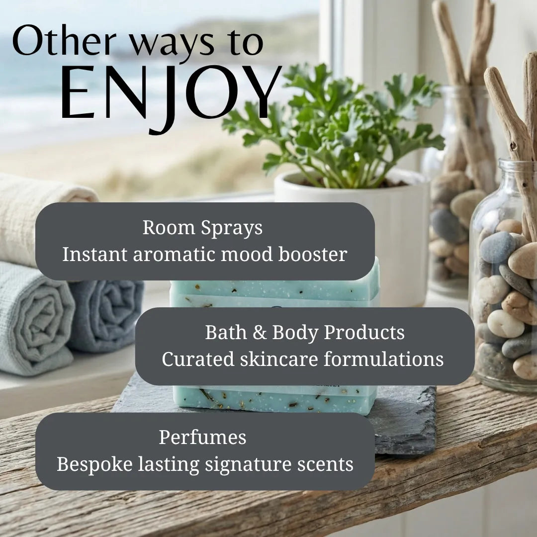 Promotional graphic with the headline 'Other ways to ENJOY' over a styled bathroom or spa-like shelf scene. Large text overlays read: 'Room Sprays', 'Bath & Body Products', and 'Perfumes', with corresponding product categories listed beneath.