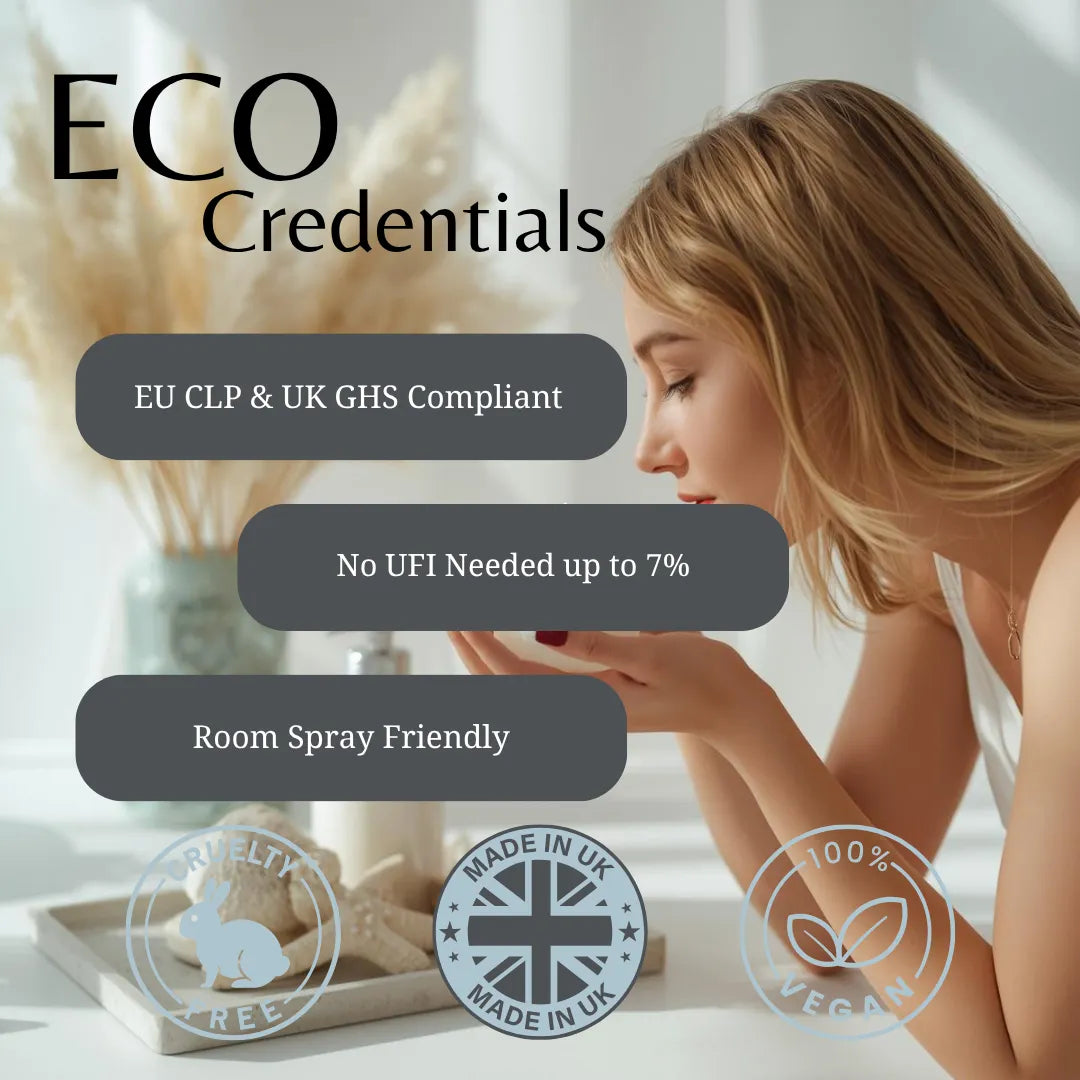 A promotional graphic for a room spray product featuring a woman in a bathroom setting, with large text reading 'ECO Credentials' and feature callouts including 'EU CLP & UK GHS Compliant', 'No UFI Needed up to 7%', and 'Room Spray Friendly'. Three certification-style badges appear at the bottom: Cruelty Free, Made in UK, and Vegan.