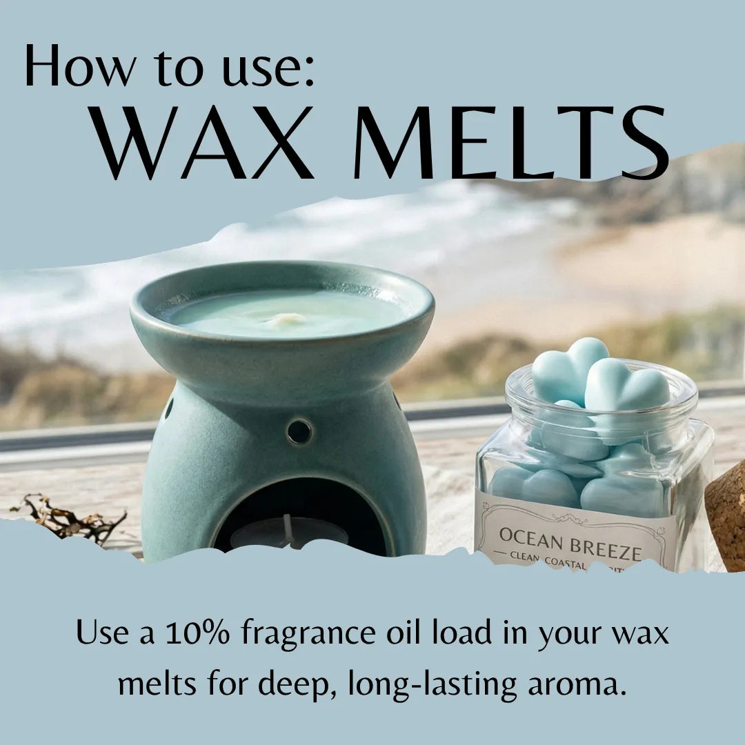 Instructional graphic titled 'How to use: WAX MELTS' showing a teal wax warmer and a glass jar of blue wax melts on a beach background, with text explaining fragrance oil loading.